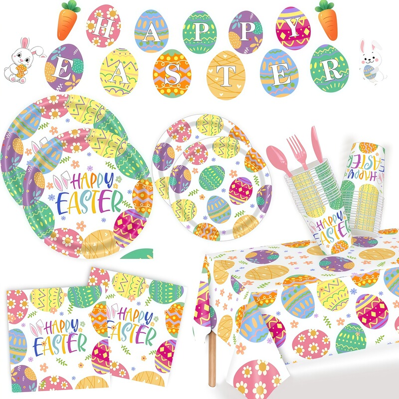 New Easter Egg Party Decoration Set Children's Festival Rabbit Arrangement Disposable Tablecloth Paper Plate Tissue