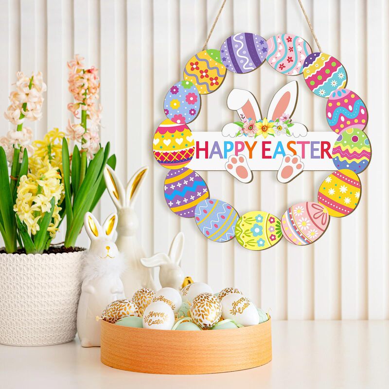 Cross-Border New Product Easter Decoration Door Sign Holiday Farmhouse Front Door Porch Hanging Wooden Egg Garland Pendant