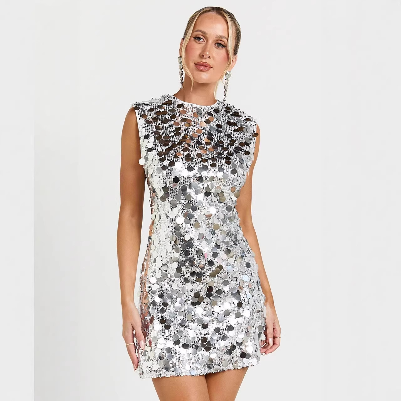 European and American Women's Clothing 2025 New Four-Season Party Sexy Sequined Sleeveless Slim Dress Nightclub Sequined Sexy Skirt