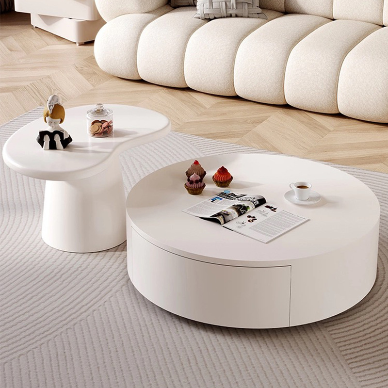 Mesa redonda de roca placa mesa de té TV gabinete combinación hogar sala de estar combinación crema francesa estilo niños y madre combinación mesa de té