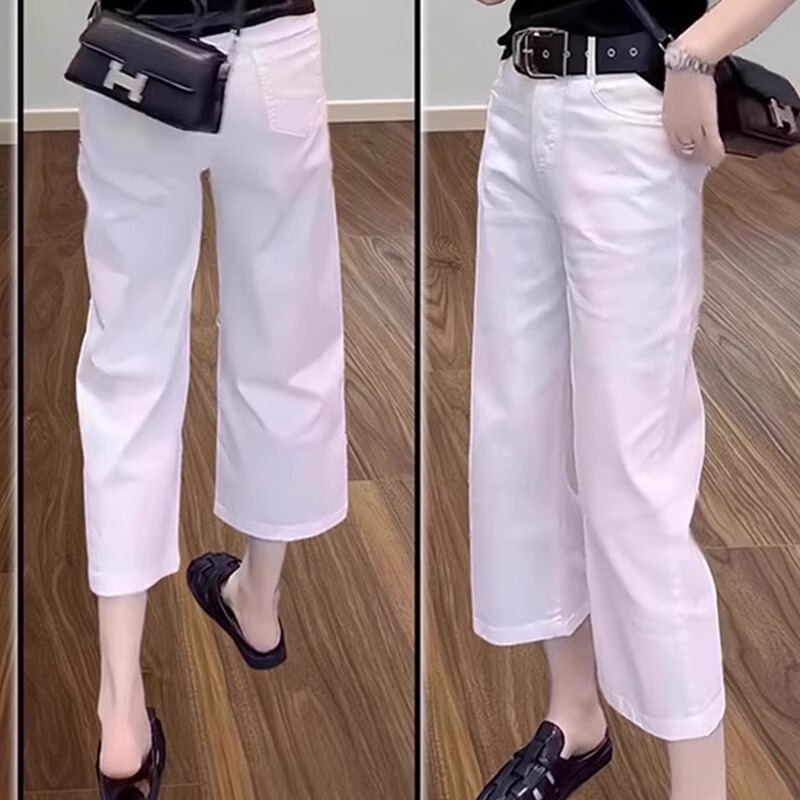 White Straight-Leg Jeans for Women, Summer Thin Style, Petite Pear-Shaped Figure, Plus Size, High-Waisted, Slimming, Cropped Straight-Leg Pants