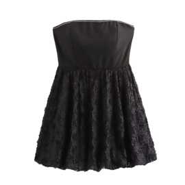 外贸2024欧美冬新款气质时尚抹胸领收腰黑色花苞短裙连衣裙女7524