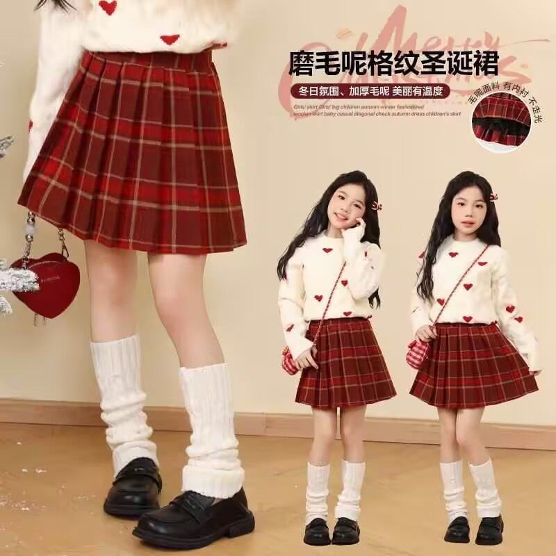 Girls' midi skirt, autumn children's stylish red pleated skirt, winter little girl short skirt, children's clothing fashion plaid skirt