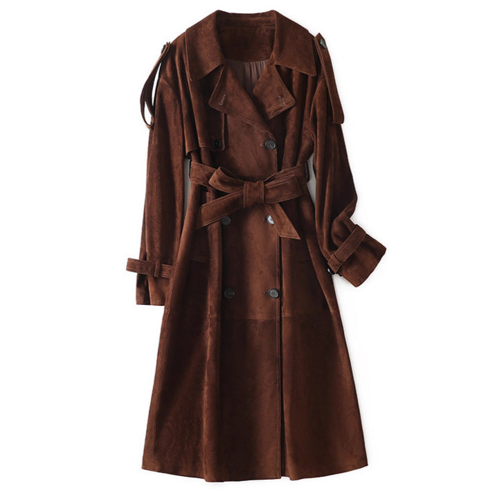 Genuine Leather Jacket Hn4217 British Style First Layer Goat Suede with Belt Mid-Length Elegant Double-Breasted Windbreaker for Women Genuine Leather Jacket Hn4217 British Style First Layer Goat Suede with Belt Mid-Length Elegant Double-Breasted Windbreaker for Women
