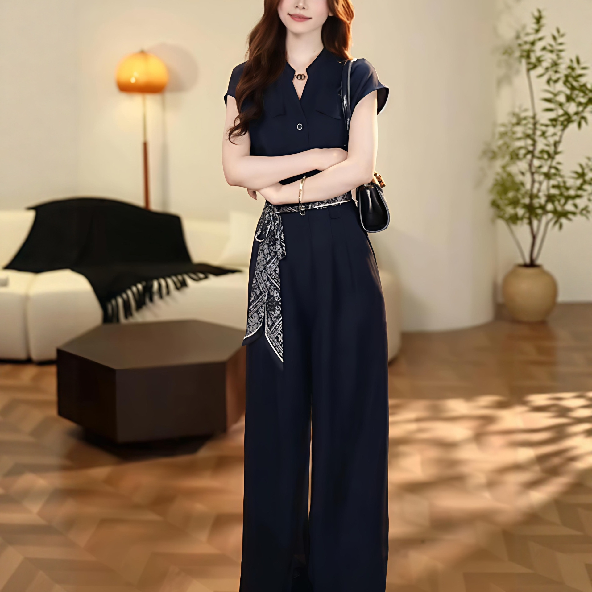 Korean Style Fashionable Slimming Women's 2025 Summer V-Neck Short-Sleeve Waist-Cinching Elegant Stylish Drapey Wide-Leg Jumpsuit for Women