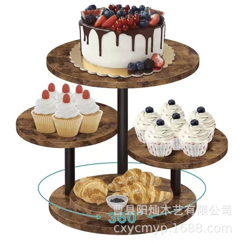 Cross-Border Iron-Wood Combination Cake Stand, Creative Wooden Rotatable Cake Stand, Solid Wood Round Layered Dessert Stand Cross-Border Iron-Wood Combination Cake Stand, Creative Wooden Rotatable Cake Stand, Solid Wood Round Layered Dessert Stand