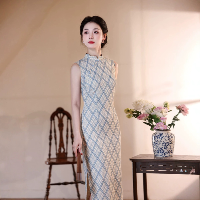 New Chinese-Style National Style Young Fashion Exquisite Blue Cheongsam with Pink Print 2026 Summer Daily Wear Youthful Dress
