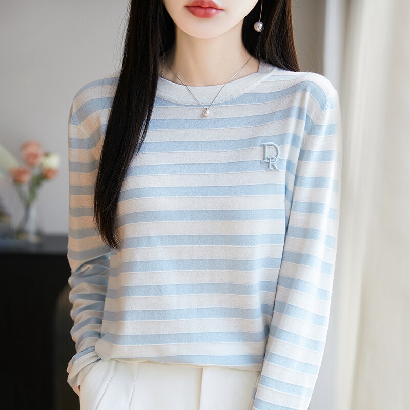 ストライプ長袖 Tシャツ 2025 秋の新大きいサイズファット mm ファッションカジュアル多用途ルーズラウンドネックボトリングトップ|undefined