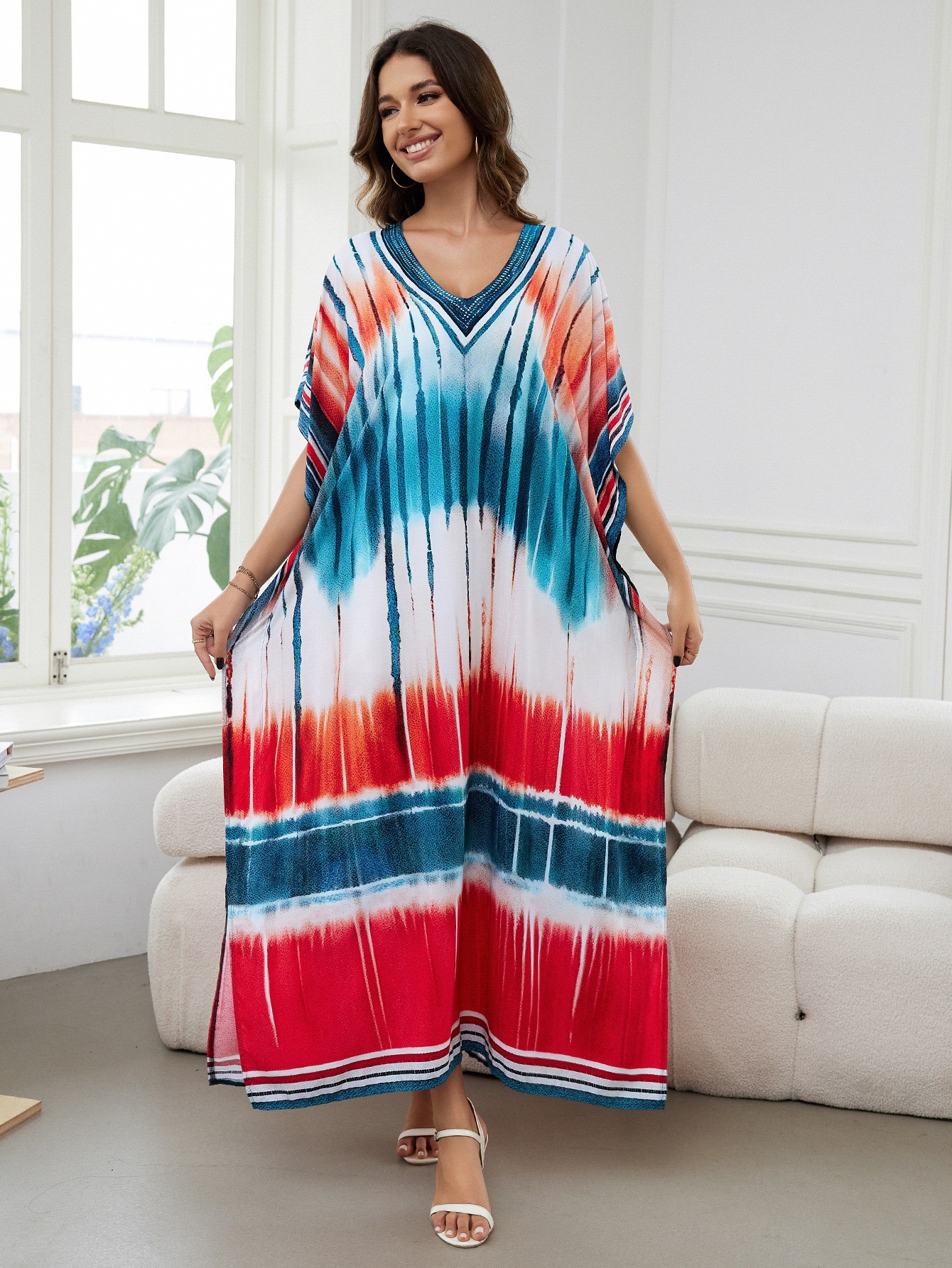 Rochie de plajă lungă kimono dama boho viscoză tie-dye_voghion.com