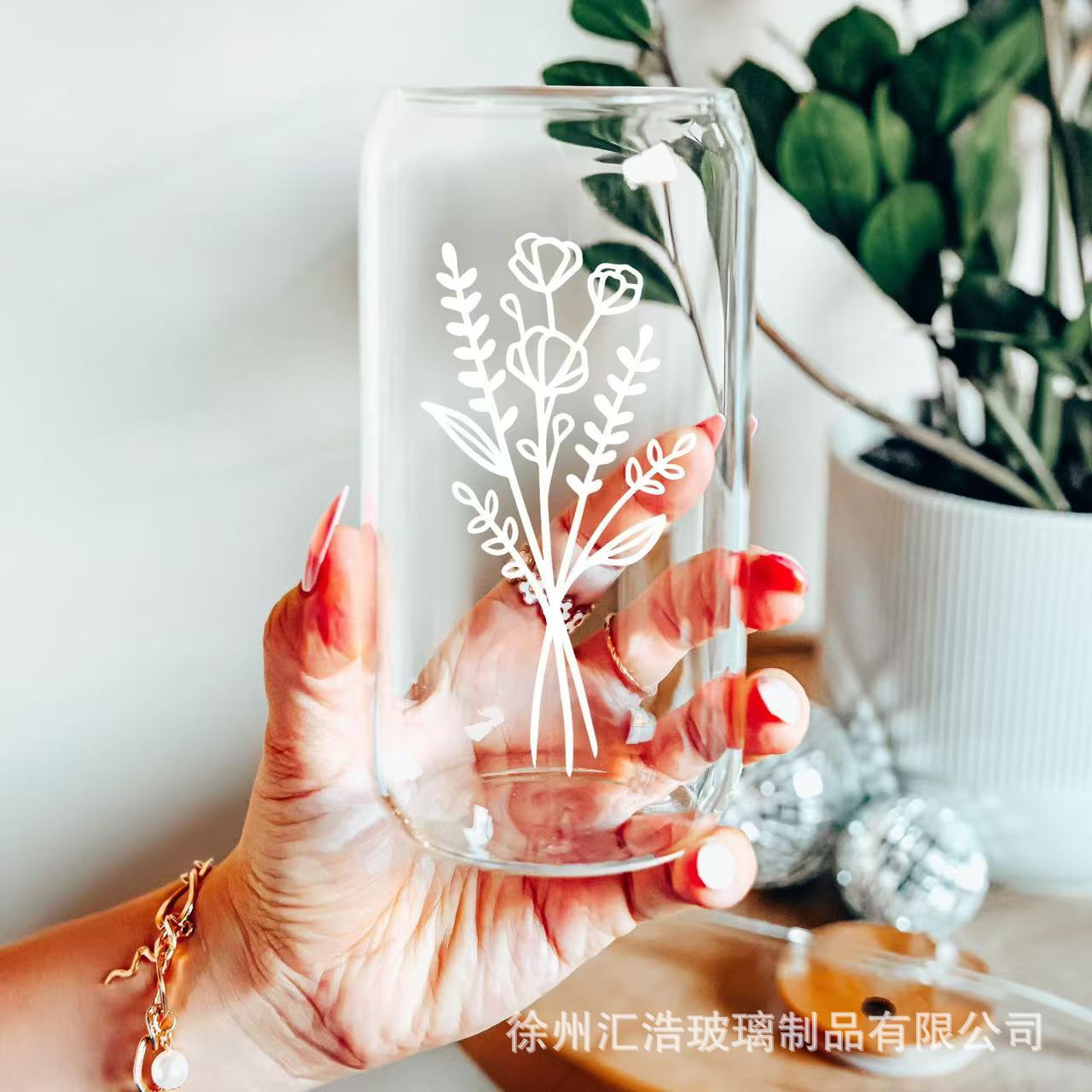 Amazon Glass Cross-Border Coca-Cola de alto valor 16oz cubierta de bambú taza de paja impresa transparente de alta calidad vidrio
