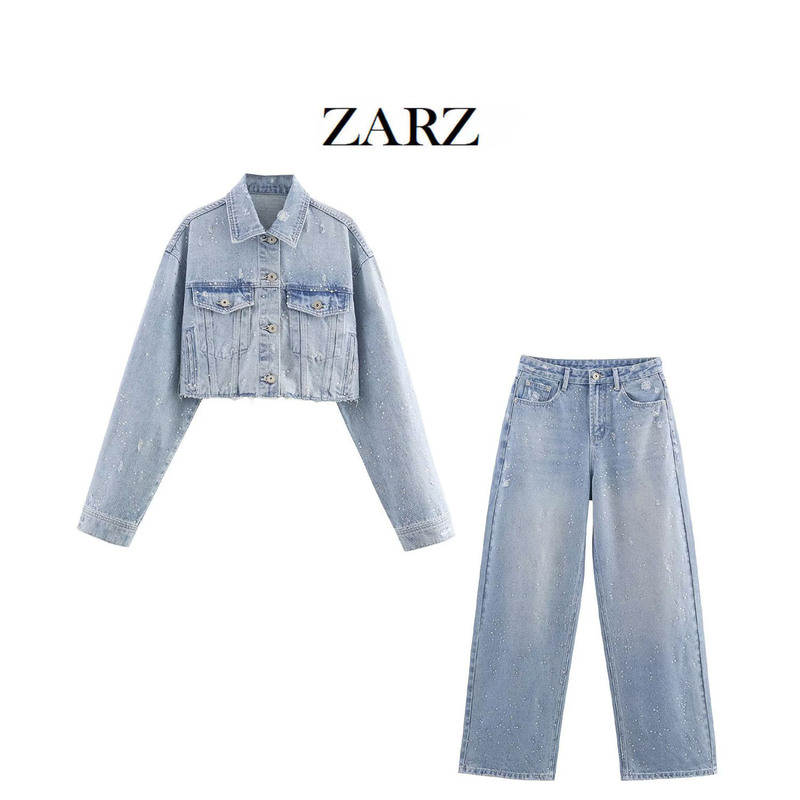 Zarz Homemade European and American Style New Women's Clothing Rhinestone Short Denim Jacket Rhinestone Straight Jeans Zarz Homemade European and American Style New Women's Clothing Rhinestone Short Denim Jacket Rhinestone Straight Jeans
