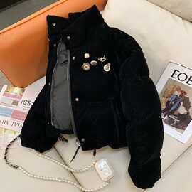 黑色丝绒复古短款羽绒棉服女冬季2025年新款棉袄加厚立领外套棉衣