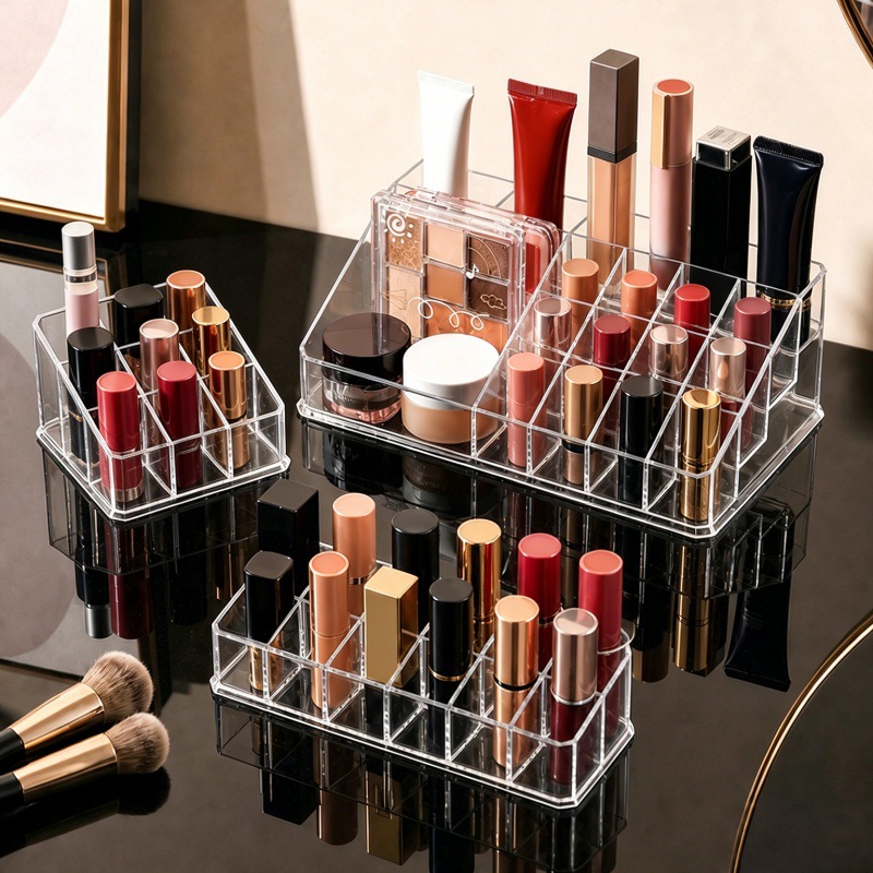 Lipstick display organizer, desktop organizer for women, transparent lipstick holder, bedroom storage shelf, plastic cosmetic storage box