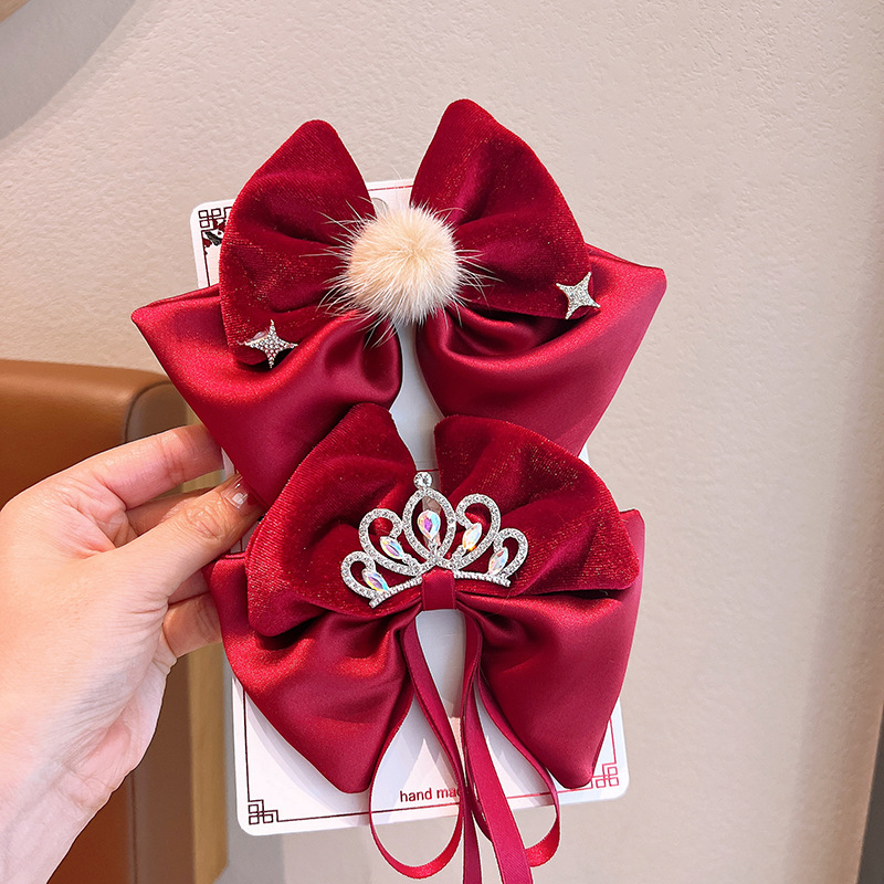 Children's Red Bow Hairpin 2025 New Princess Gemstone Crown Hairpin Little Girl New Year's Headdress E18