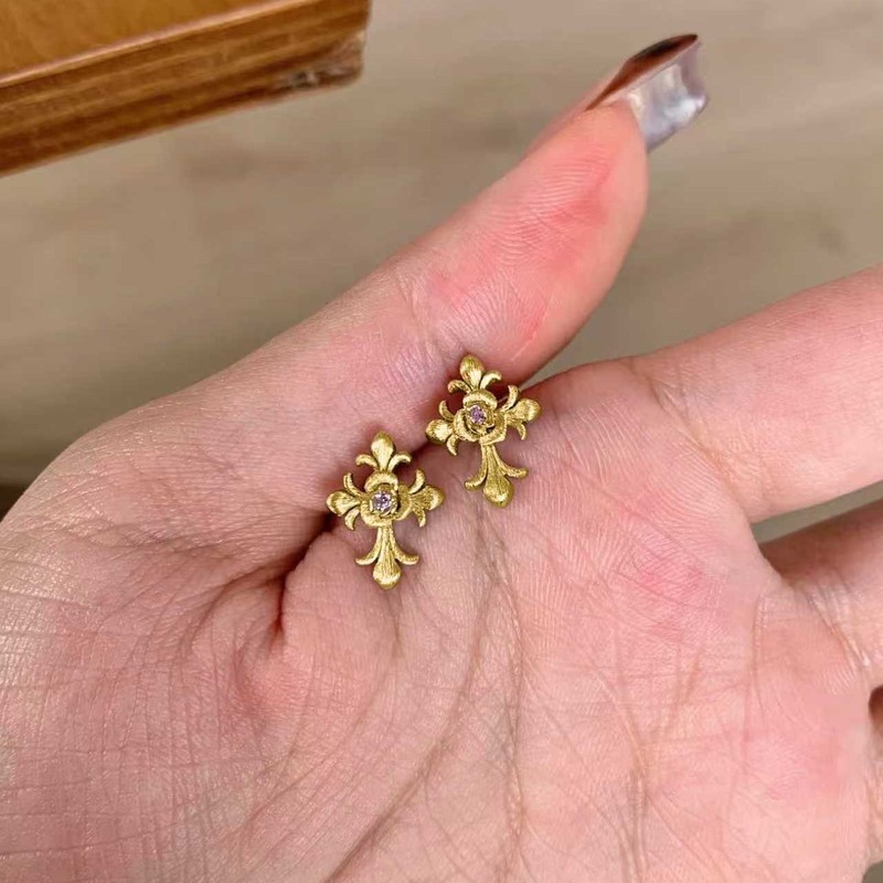 拉丝工艺鸢尾花十字架耳钉S925纯银复古轻奢高级百搭时尚花朵耳钉|undefined