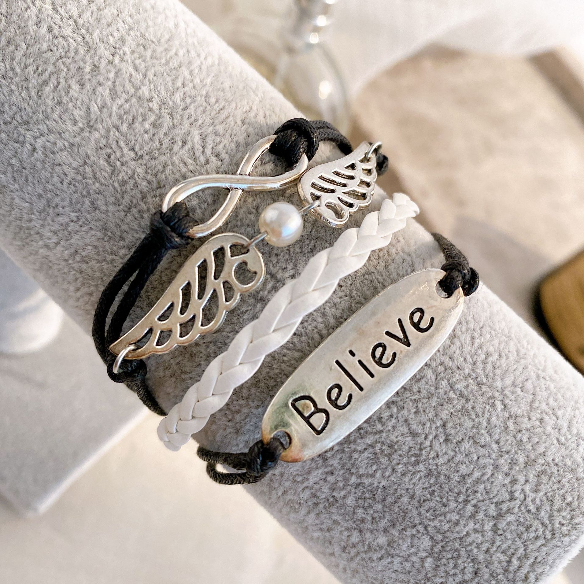 Retro Letter Pu Leather Inlay Artificial Gemstones Bracelets 5 Piece Set