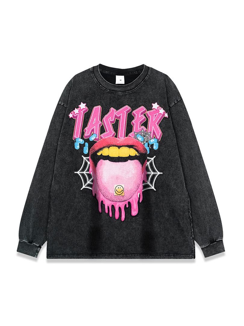 Diversión creativa gran lengua impresa camiseta lavada verano nueva marca de moda hip hop suelta manga corta Camiseta hombres marca de moda estilo americano