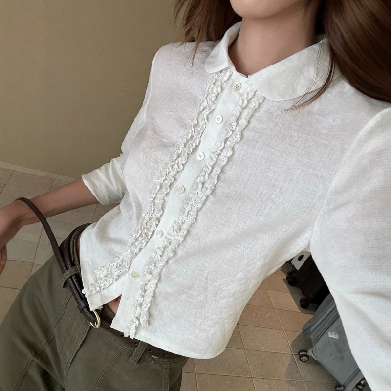 Xzichc Schoolgirl Shirt/Linen Age-Reducing Lace-Trimmed Top for Women with Three-Quarter Sleeves and Turn-Down Collar Short Shirt Xzichc Schoolgirl Shirt/Linen Age-Reducing Lace-Trimmed Top for Women with Three-Quarter Sleeves and Turn-Down Collar Short Shirt