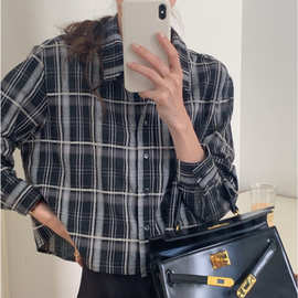 韩版小众polo领撞色格纹短款衬衫2022秋季宽松单排扣长袖衬衣女