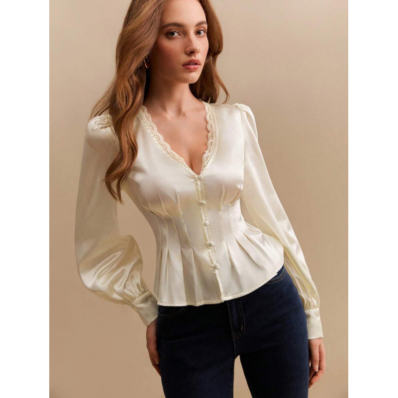 Amazon cross-border European goods autumn new French style puff sleeve long-sleeve satin shirt with lace trim and ruched V-neck