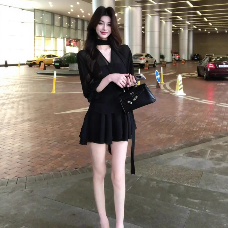 French Black Ribbon Chiffon Long-Sleeved Dress Women's Summer Elegant Waist A-Line Skirt Super Nice Skirt French Black Ribbon Chiffon Long-Sleeved Dress Women's Summer Elegant Waist A-Line Skirt Super Nice Skirt