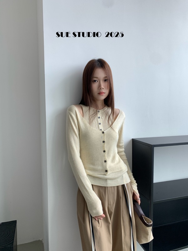 SUE十三行叠穿气质假两件针织衫女秋季新款韩系修身显瘦上衣37120|undefined