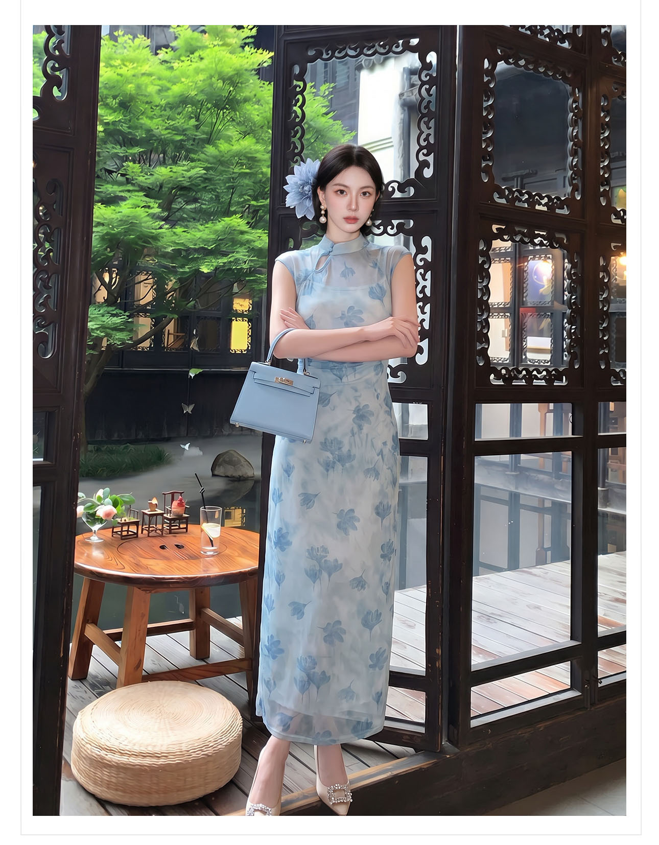 Đầm maxi nữ thắt eo phong cách tân cổ điển, chất liệu nhung tăm, thiết kế cổ yếm kết hợp ren, tay lỡ, dáng suông nhẹ, phù hợp mùa xuân hè — xanh lam chi tiết 12