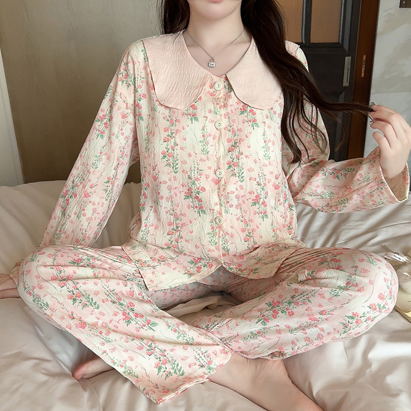 국경 간 TIKTOK CLOUD COTTON 긴팔 바지 카디건 인형 칼라 파자마 여성 가을 및 겨울 새 집 옷 가슴 패드