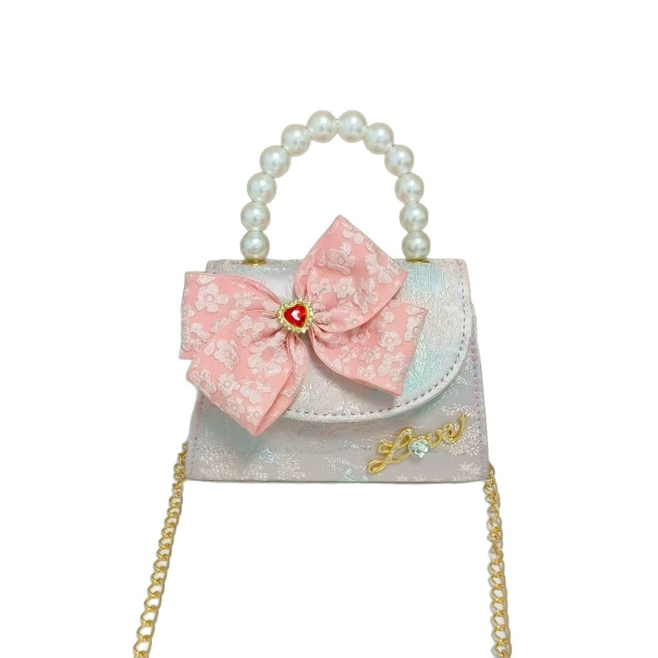 Guofeng bolso para niños, nuevo bolso de hombro de niñas, lindos bolsos de perlas de princesa, bolsos de arco, bolsos de mochila, bolsos pequeños