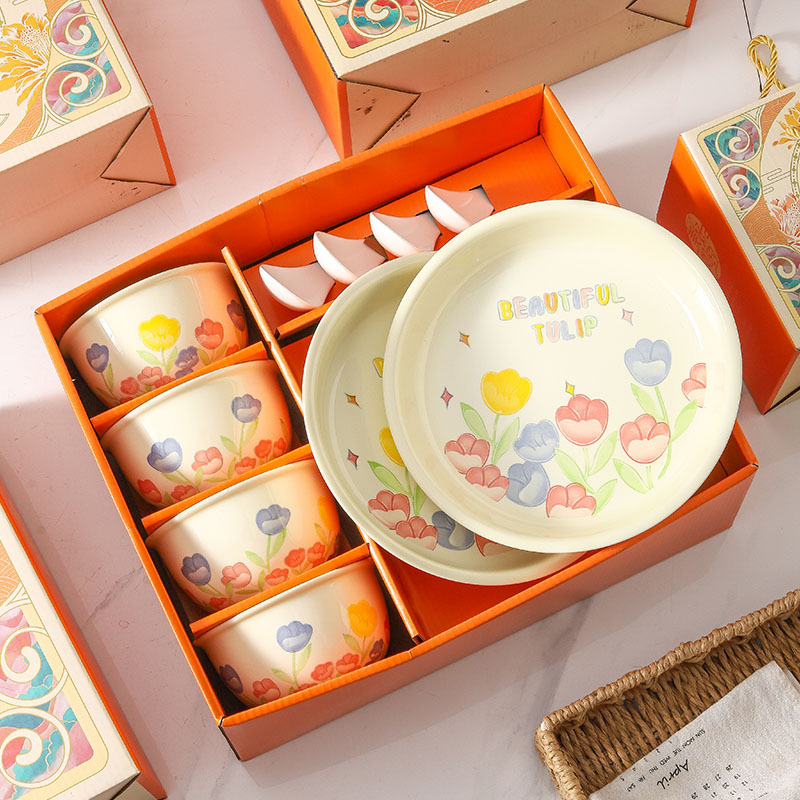 Tulipan platos de platos de cerámica cubierta de colores caja de regalo conjunto de regalos para el Día de la Madre
