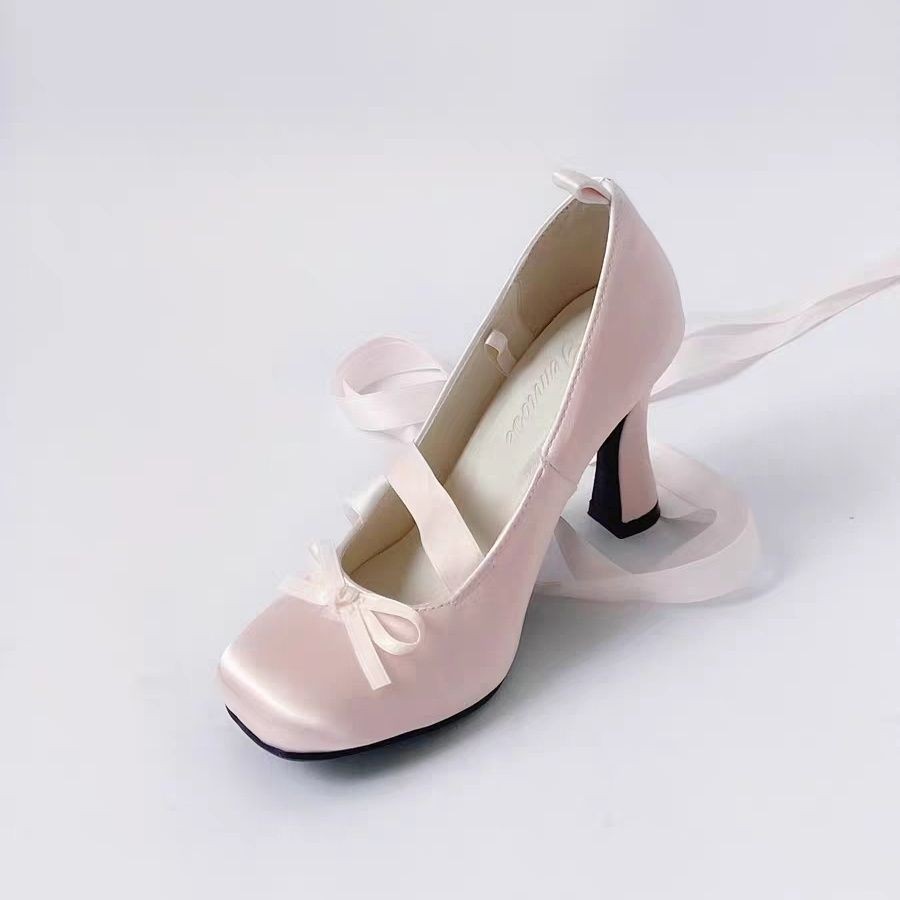 In Stock~ Little Ballet/Ballet Style/Lolita Square Toe Bow Cross-Tied High Heels Stiletto Kitten Heels