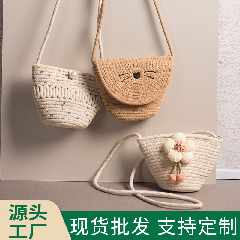 Bolsa de algodón de paja de verano, bolsa de hombro simple, bolsa de celosía de tela de tela retro creativa, bolsa para móviles, bolsa pequeña para mujeres