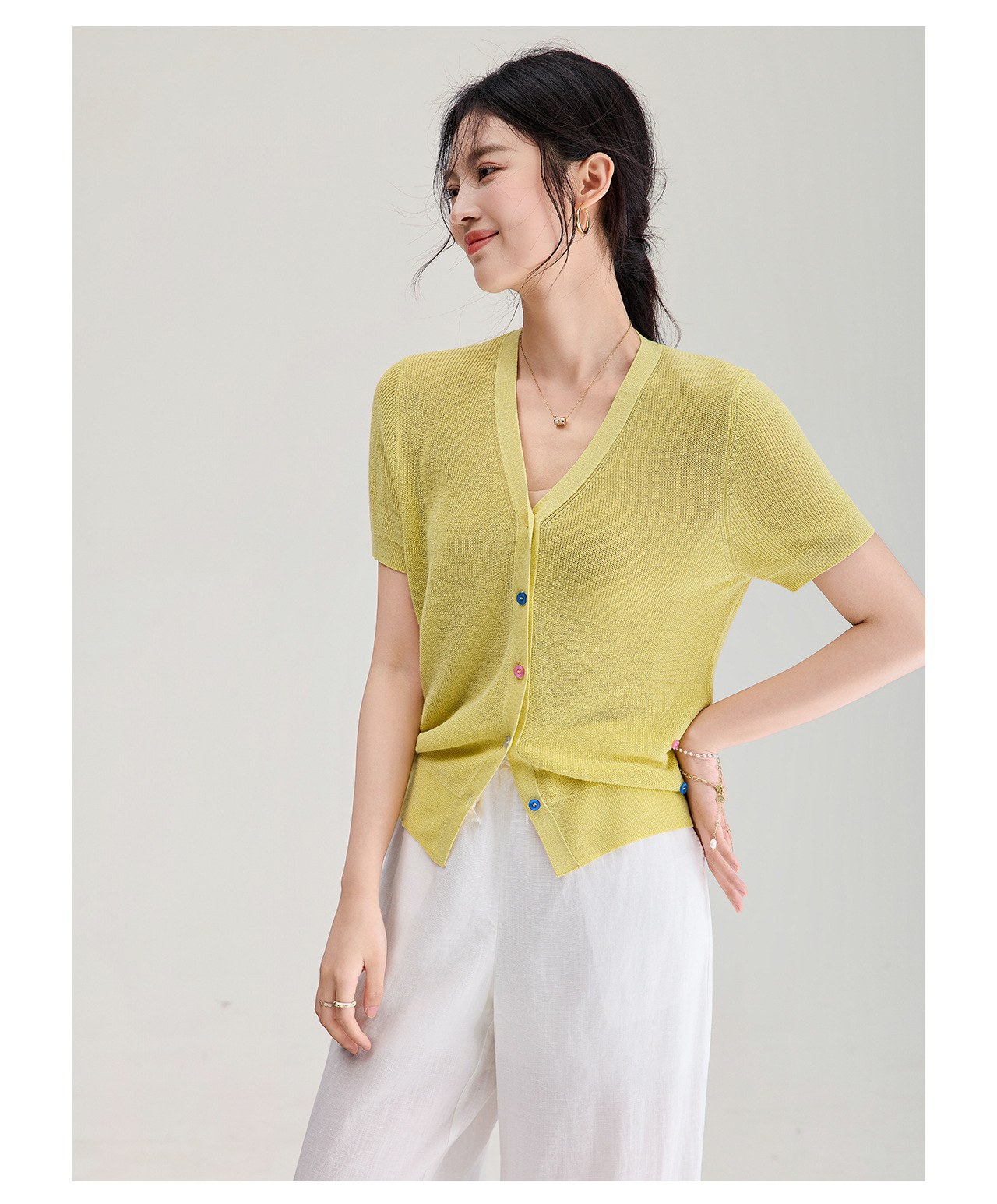 Áo cardigan nữ cổ V dệt kim sợi lanh siêu mịn, cúc màu, thoáng mát mùa hè — xanh lam chi tiết 21
