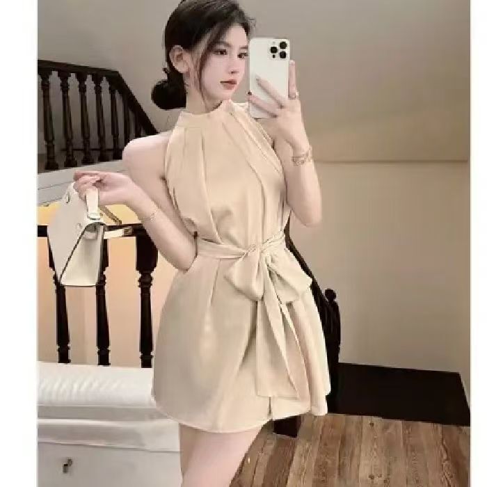 2025 Sleeveless Dress Women's Summer French Off-Shoulder Sexy Socialite Style Waistband Short Skirt