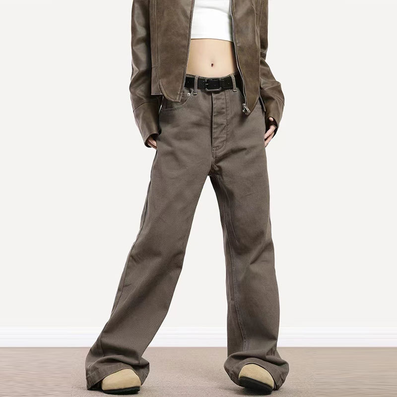 Nuevo Maillard vintage lavado jeans hombres y mujeres estilo americano suelo de residuos sueltos estilo marrón todo partido Pantalones rectos moda