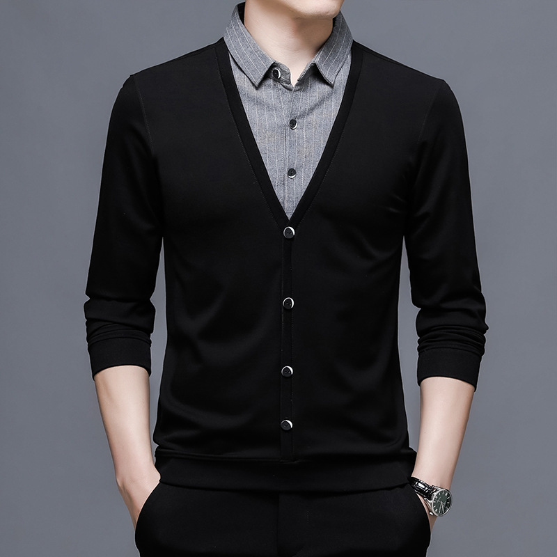 Spring and Autumn New Style Men's Fake Two-Piece Shirt Collar Knitwear Casual Business Korean Style Button Cardigan Men's Clothing