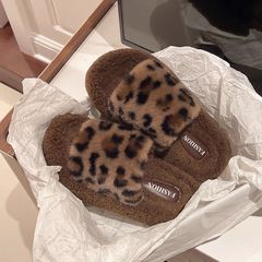 外贸厚底外穿棉拖鞋女秋冬韩版加绒保暖毛毛拖鞋耐脏防滑豹纹平底
