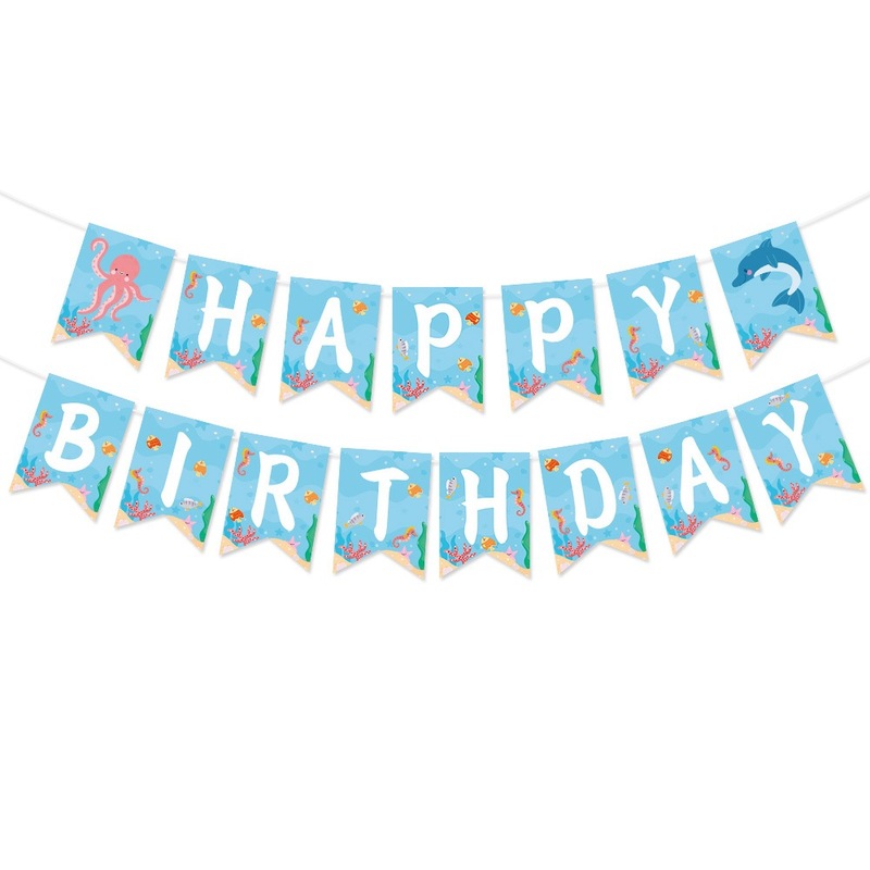 国境を越えた新しい水中誕生日フラッグセット誕生日パーティーの装飾バナー海のテーマケーキインサート|undefined