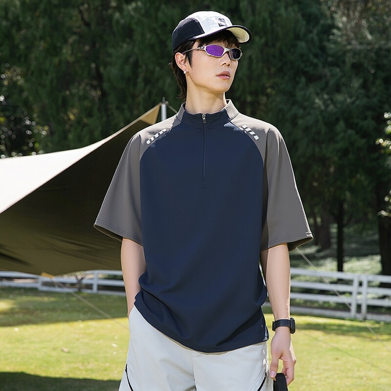 Cycling Clothing, Sports Quick-Drying Half-Zip Short-Sleeved Men's Loose-Fitting Outdoor Versatile American-Style High-End Ice Silk T-Shirt for Men