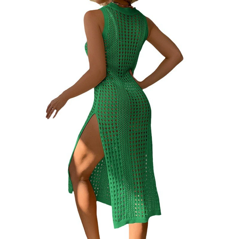 Sexy colored breathable knitted beach dress sleevless, round collar, sun protection