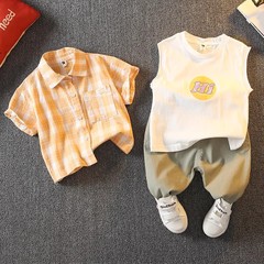 Boys' shirt suit summer new children's plaid short-sleeved shorts summer baby casual three-piece set summer fashion