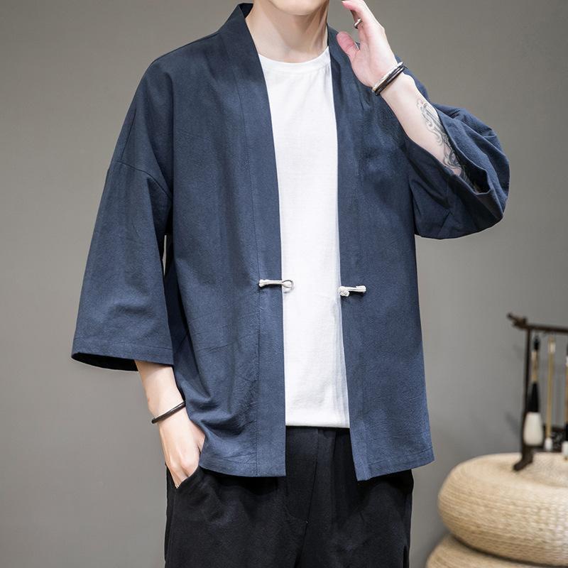 Summer Men's All-match Seven-point Sleeve Cardigan Extracted Plus Size Fat Man Loose Japanese Style Kimono Robe Sunscreen Jacket