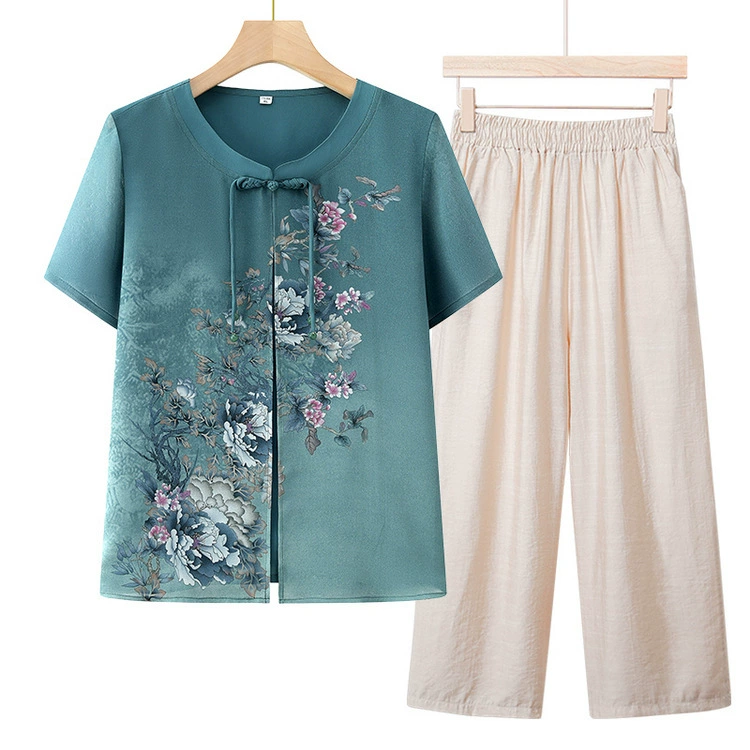Набор мамы 2024 новый весенний и летний топ брюки из двух частей старинный стиль маленькая рубашка средней и пожилой леди свободные короткие рукава