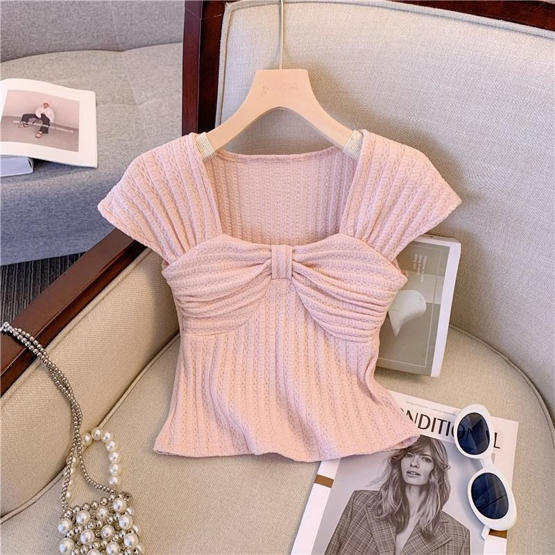 ホットガールショートノースリーブトップ女性のドーパミン着用夏服純粋な欲望スクエアネック右肩シャツデザインリボン|undefined