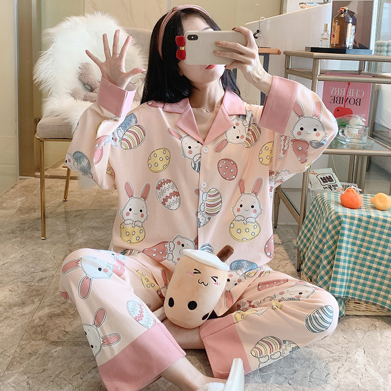 春と秋のパジャマの女性の綿の長袖のかわいい高級感の線の熊のカーディガンの大きいサイズの冬の部屋の服のスーツ|undefined