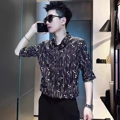 Light Luxury High-End Summer Ice Silk Men's Long-Sleeve Shirt, Thin Print Business Casual Men's Iron-Free Shirt