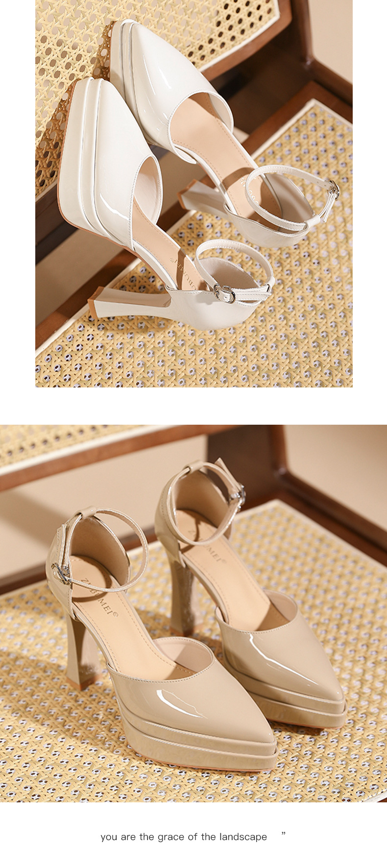 Sandal cao gót nữ mũi nhọn quai ngang khóa dây, gót 11 cm, đế platform — Màu nude - 11cm chi tiết 7