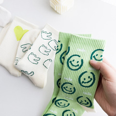 2023 Spring New Women's Crew Socks Green Smiling Korean Style Japanese Cartoon Dinosaur Crazy Pattern Cotton Socks Trendy