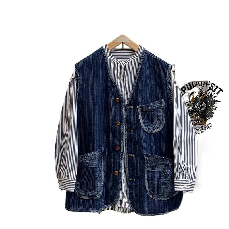 American Retro Washed Color-Block Denim Vest for Men, Loose Casual Spring and Autumn V-Neck Sleeveless Jacket