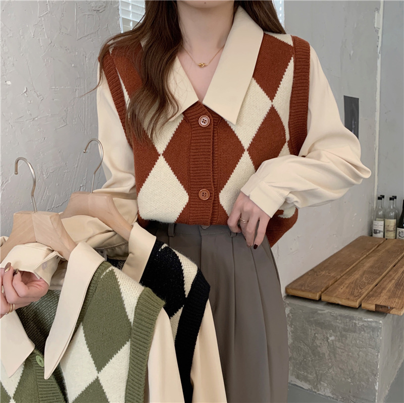 French Vintage Chessboard Diamond Plaid V-Neck Knitted Vest for Women's Autumn and Winter Waistcoat Sweater Vest Top